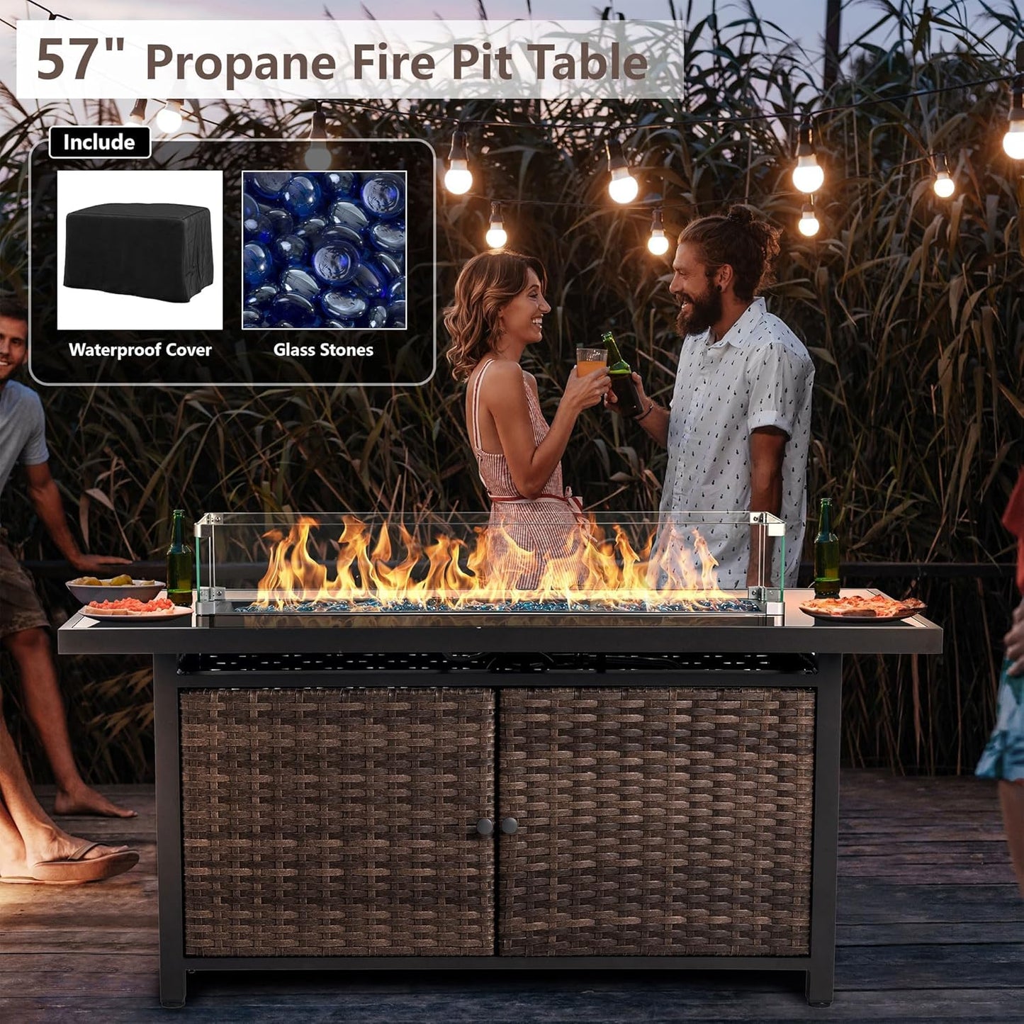 25-Pc Patio Furniture Set - 7 Piece Outdoor Rattan Sofa Set with 57" Fire Table and 17 Accessories, Modular Sofa Set for Garden/Poolside, Beige/Brown