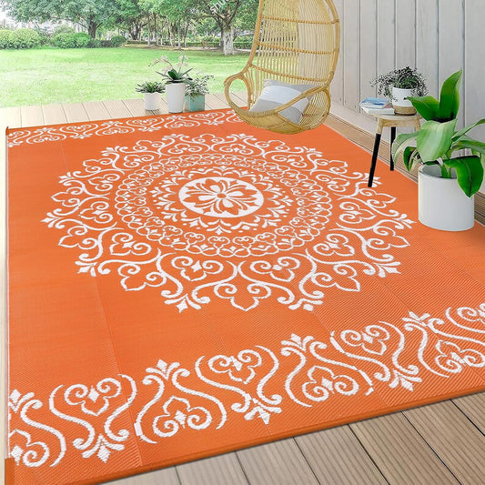 Pauwer Waterproof Outdoor Rug 6x9, Reversible Plastic Straw Patio Camping Rug, Indoor Outdoor RV Mat Carpet for Deck, Camper, Porch, Balcony, Backyard, Picnic, Floral Orange