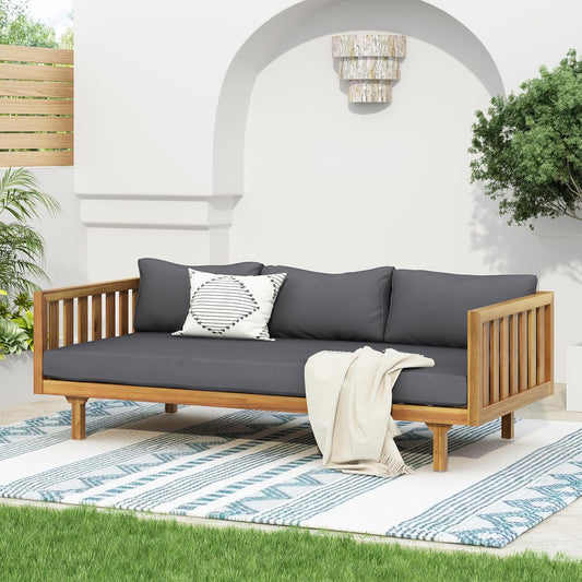 Christopher Knight Home Claremont Outdoor 3 Seater Acacia Wood Daybed with Fabric Water Resistant and Removable Cushions, Patio Garden Sofa with Slat Paneling Armrest and Back, Teak and Dark Grey