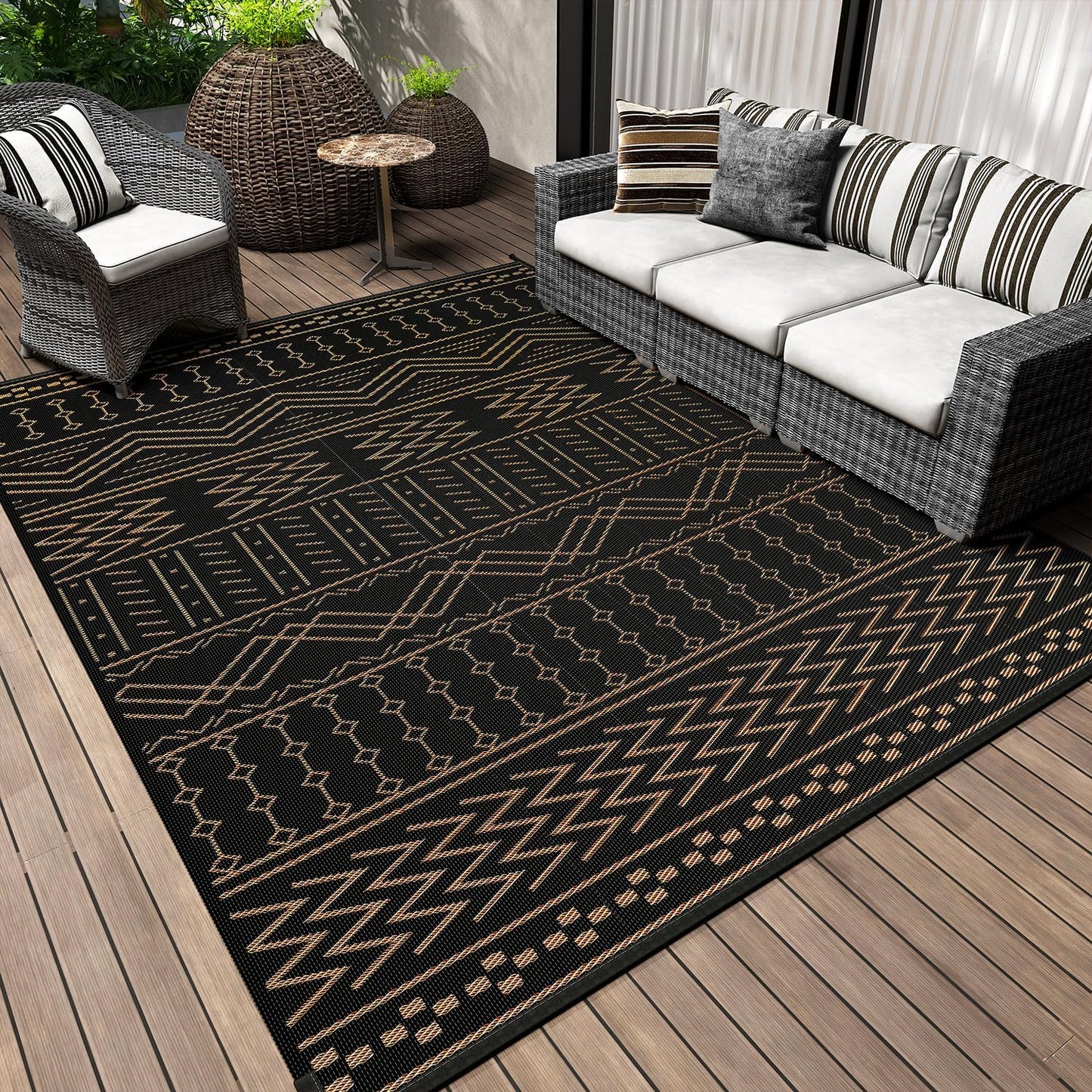 Outdoor Rug Carpet Waterproof 8x10 ft Patio Rug Mat Indoor Outdoor Area Rug for RV Camping Picnic Reversible Lightweight Plastic Straw Outside Rug for Patio Decor Decoration Boho Rug Black Brown