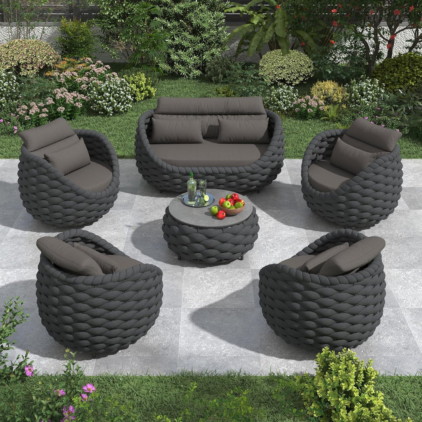 Cushioned Outdoor Patio Furniture Set: 6 Pieces Aluminum Porch Conversation Sofa Set - Modern Hand Woven Rope Deck Couch Set - Assembled All Weather for 661lbs Garden Yard Pool Hotel, Dark Gray