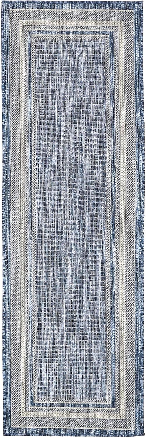 Unique Loom Outdoor Border Collection Area Rug - Soft Border (2' x 6' 1" Runner, Blue/ Ivory)