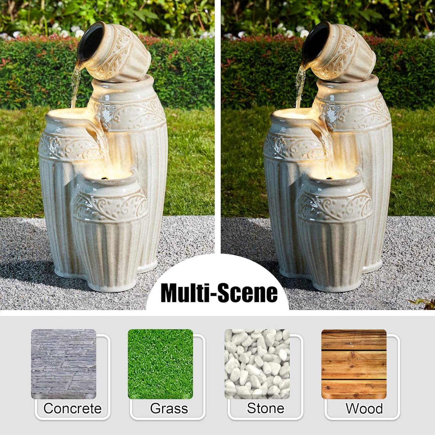 Glitzhome 27.25" H Outdoor Garden Water Fountain with LED Lights and Pump, 4 Tier Sand Beige Embossed Pattern Ceramic Pots Cascading Floor Standing Fountain for Porch Deck Patio Backyard Decoration