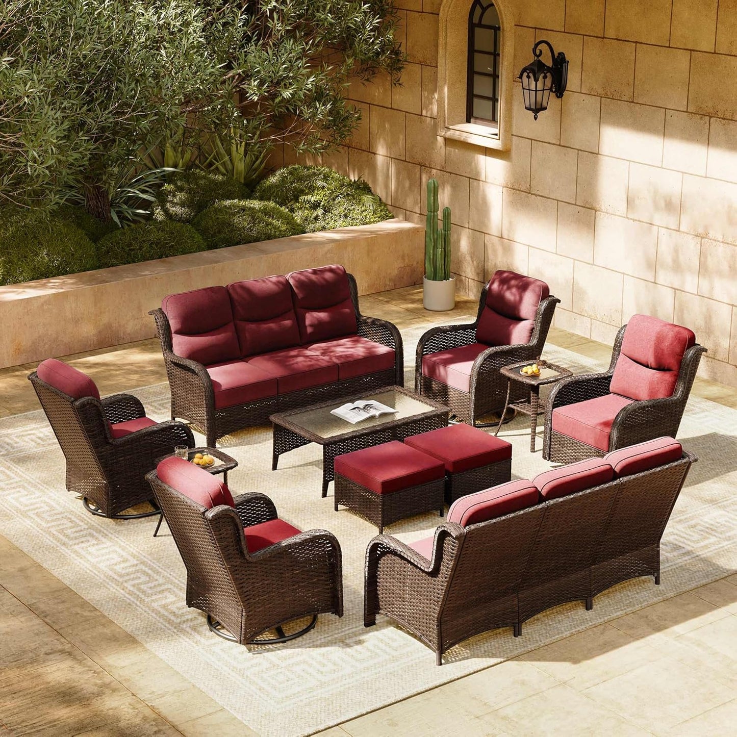 HILLGA Luxury Patio Furniture Set with 6-inch Thick Cushion, Outdoor Couch and High Back Swivel Rocker Patio Chairs, 11PCS Wicker Conversation Set for Deck Yard and Poolside, Burgundy (V2)