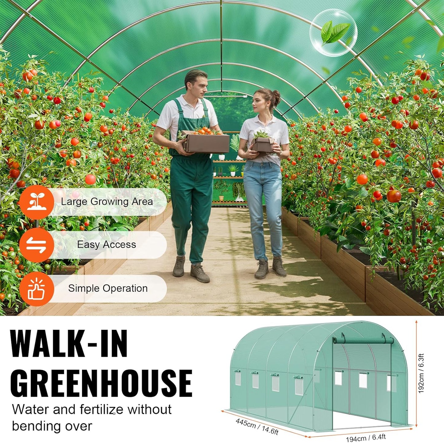 VEVOR Walk-in Tunnel Greenhouse, 14.6x6.4x6.3 ft Hoop House Greenhouse Tunnel, Plant Hot House with Galvanized Steel Frame, Green PE Cover, Roll-up Zipper Door and 8 Windows for Outdoor