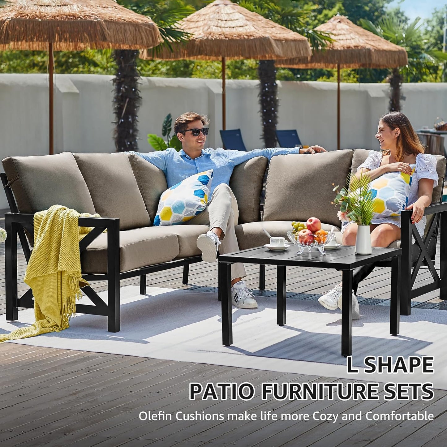 NATURAL EXPRESSIONS 6 Pieces Patio Furniture Sets,Outdoor Furniture Sets Metal Patio L Shape Sectional Couch Sofa Conversation Sets with 6.5" Shale Cushions,HighBack Hand-Brush Black Frame