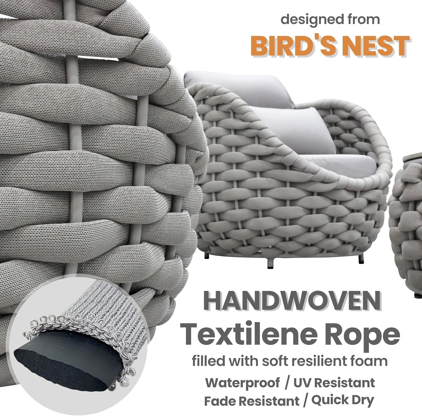 Rope Outdoor Patio Furniture Set: 6 Pieces Aluminum Porch Conversation Sofa Set - Modern Hand Woven Deck Couch Set Cushioned - No Assembly All Weather for 660lbs Yard Garden Lanai Hotel, Gray