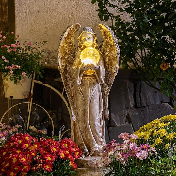 TERESA'S COLLECTIONS Large Angel Garden Statues with Solar Outdoor Light for Outdoor Decor, Fairy Figurine Resin with Wing & Glass Ball for Garden Decor, Yard Decor Lawn Ornament Gifts for Mom, 22.8"