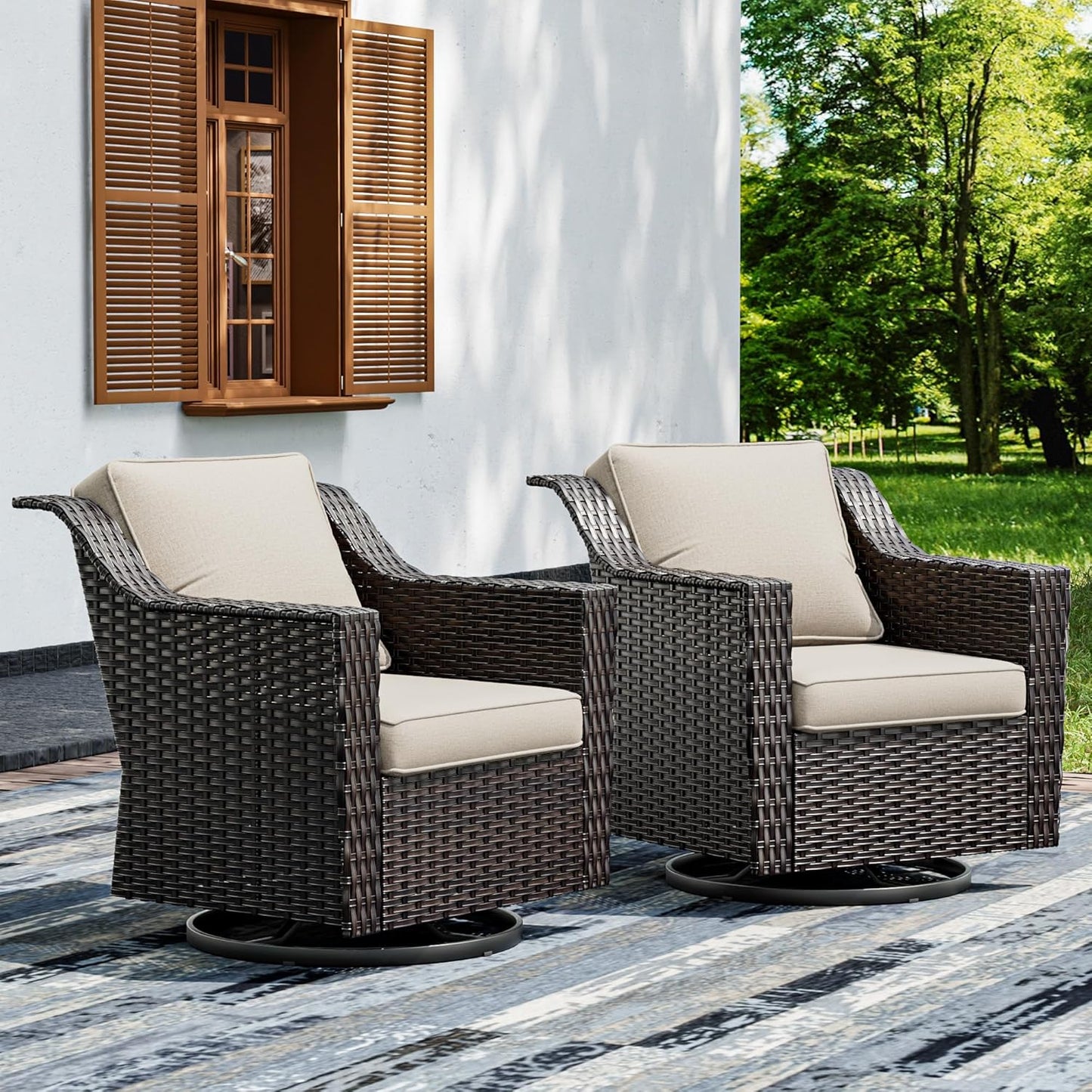 Joyside Swivel Patio Chairs Set of 2, Wicker Patio Furniture with Wide Armrest and Thick Cushions, Upgraded Large Size for Backyard, Garden, Poolside