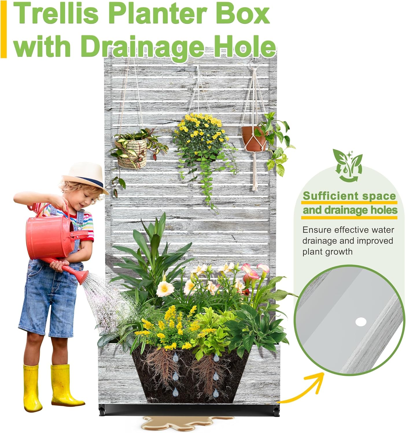 FENCY Metal Raised Garden Bed with Wheels and Trellis,73"x35"x16" Planter Box for Climbing Plants, Vegetables & Vines, Features Privacy Screen and Drainage Holes (White Wood Color)