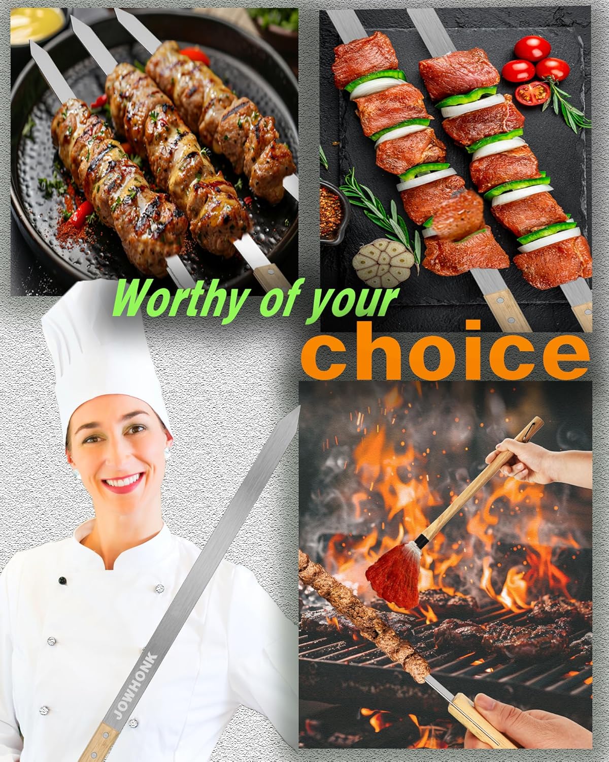 23.5" Long Kabob Skewers,1 Inch Wide 304 Stainless Steel Barbecue Skewers for Grilling with Wooden Handle,Metal Flat BBQ Skewer for Koubideh Brazilian Shish Kebab Skewer(8),BBQ Mop Brush(1)