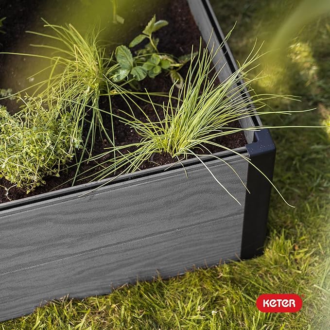 Keter 48" X 48" inches Wood Look Raised Garden Bed, Durable Outdoor Herb Garden Planter for Vegetables, Flowers, and Succulents, Grey
