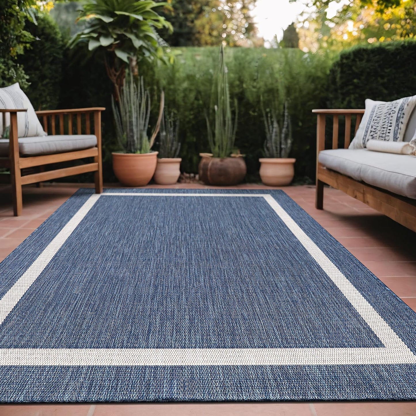 Bordered Outdoor Rug 6x9 Washable Outside Carpet for Indoor Patio Porch Waterproof Easy Cleaning Non Shedding Area Rugs Blue 6 x 9
