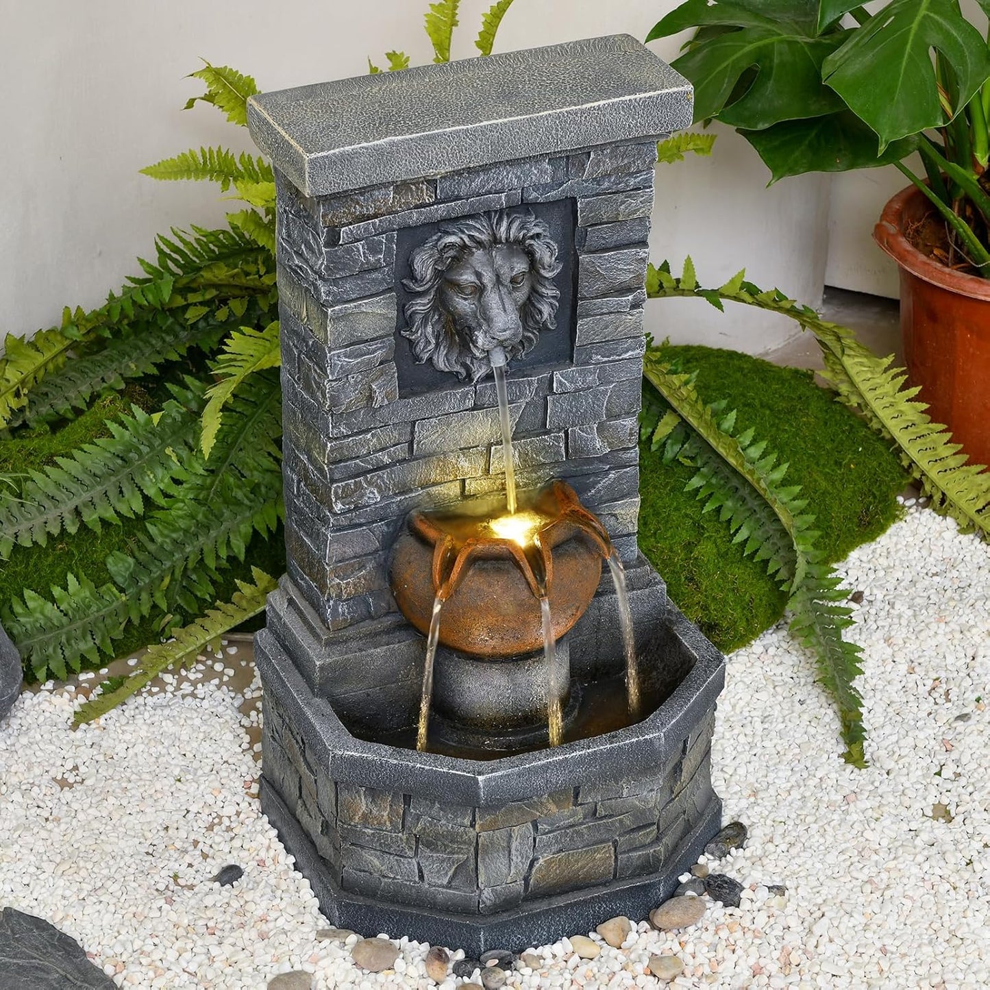 26'' Outdoor Garden Floor-Standing Water Fountain Lion Head Stone with Lights Outdoor Waterfall for Patio, Backyard, Deck, Porch and Home Art Decor