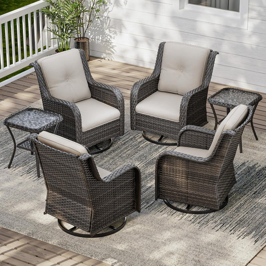 6 Pieces Outdoor Furniture Set - Patio Wicker Swivel Rocker Chair Set of 4 and 2 Side Table, Beige, Mixed Brown Rattan, Suitable for Porch, Yard