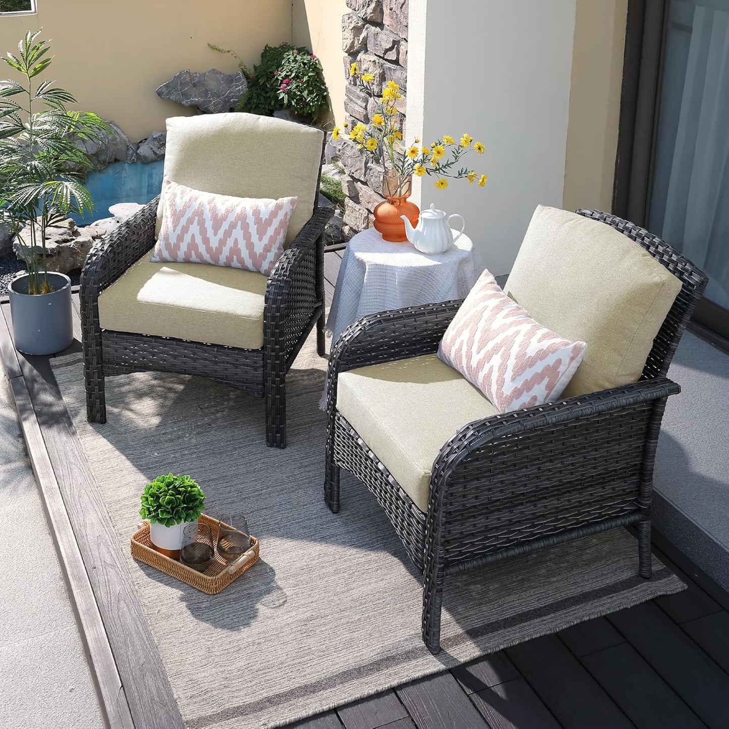 ovios 2 Pieces Patio Furniture Set, Outdoor Wicker Chairs of 2, All Weather High Back Rattan Chairs 2-Seater with Comfy Cushions for Porch Deck, Beige
