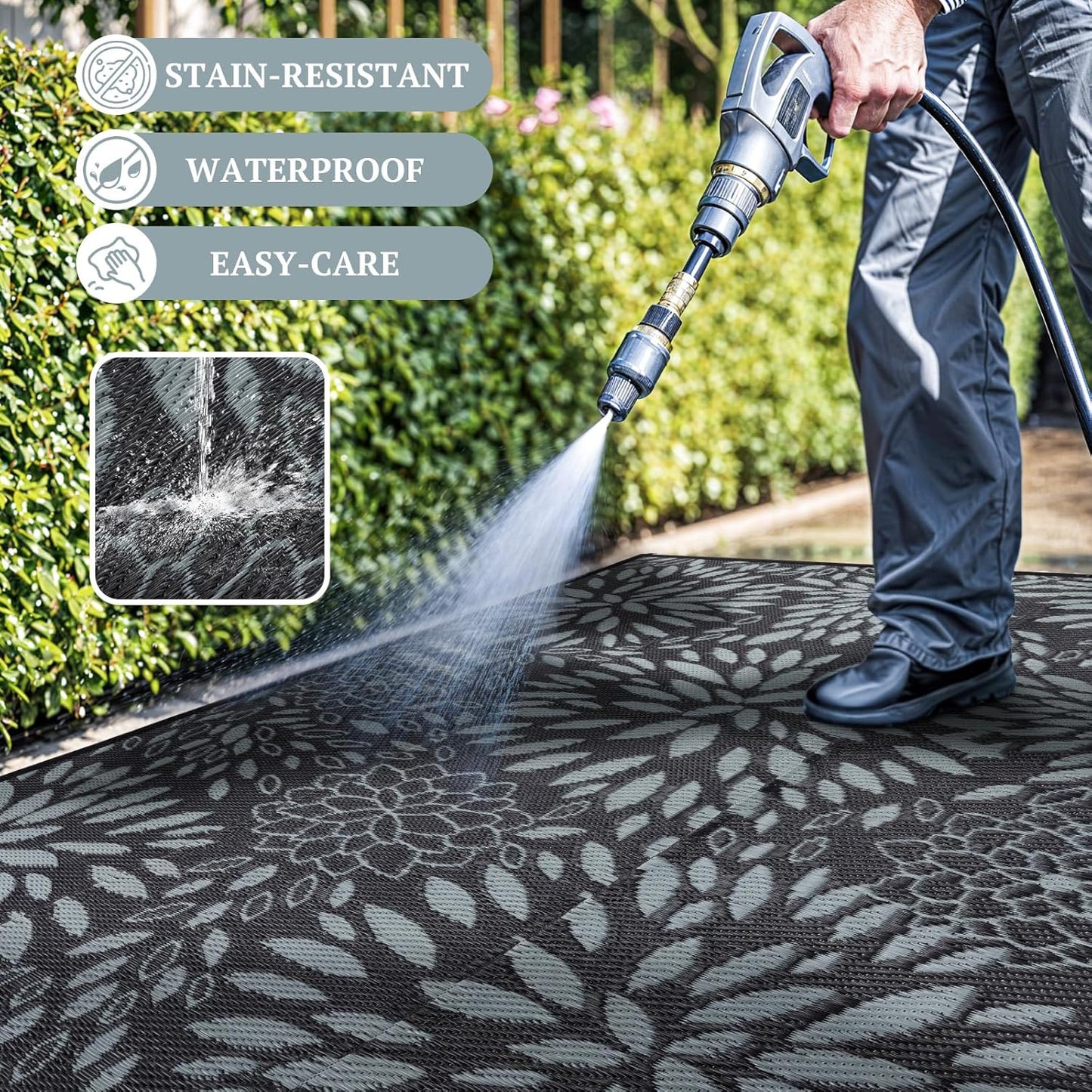 5'x8' Reversible Outdoor Rug - Eco-Friendly Plastic Straw Rug-Heavy-Duty Waterproof Mat, UV & Fade Resistant for Patio, Camping, RV, Deck, Balcony(5x8,Black&Floral)