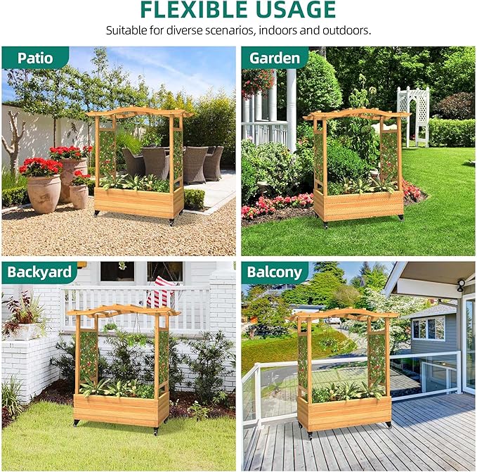 YITAHOME Raised Garden Bed with Trellis and Lockable Wheels, Wood Free-Standing Trellis Planter Box with Hanging Roof for Climbing Plants Flowers in Garden, Patio, Backyard, Balcony, Natural