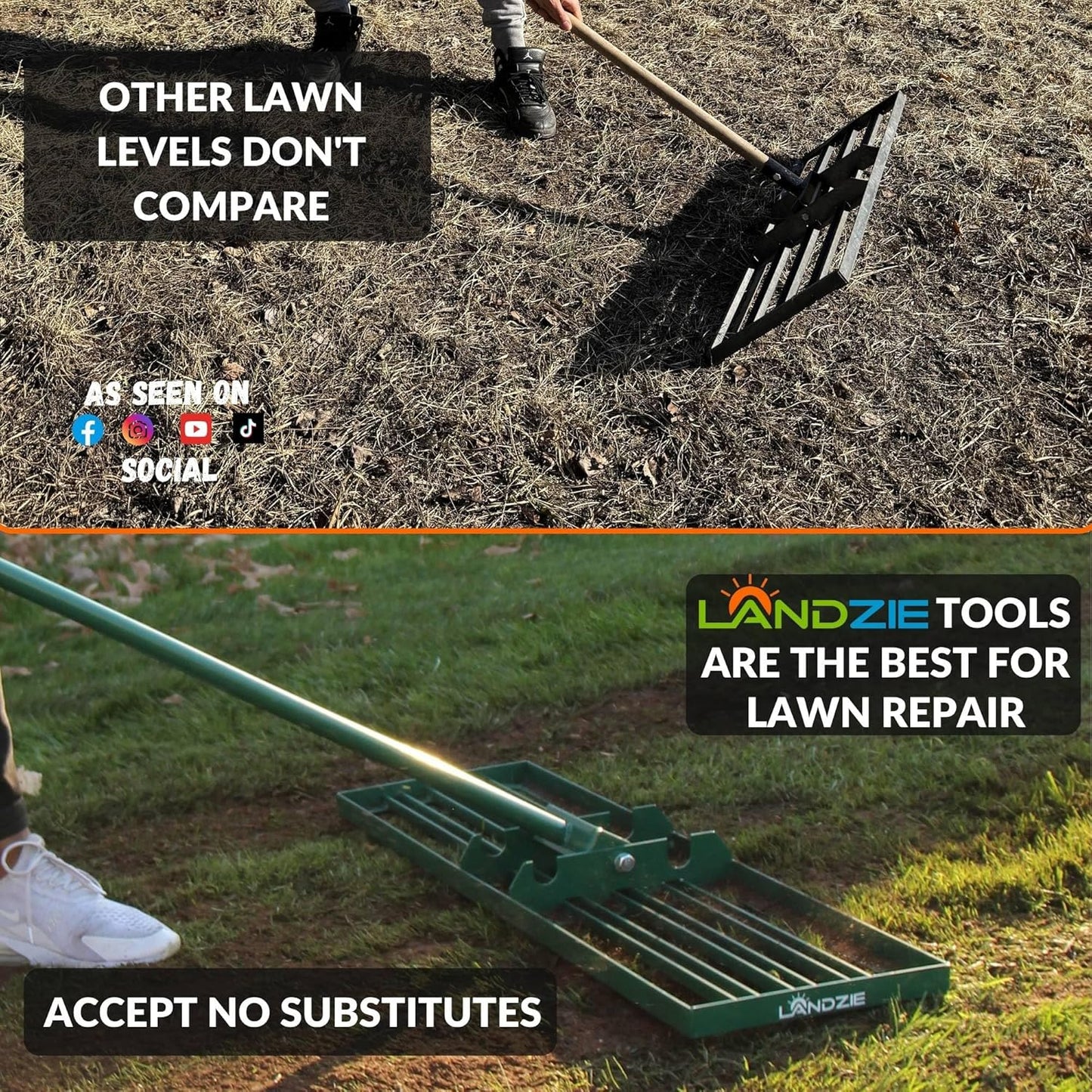 LANDZIE - The Original Lawn Leveling Rake – 48" Steel Handle Yard Leveler, Lawn Level Tool for Creating a Flat Surface - Works for Soil, Dirt, Topdressing, and Ground