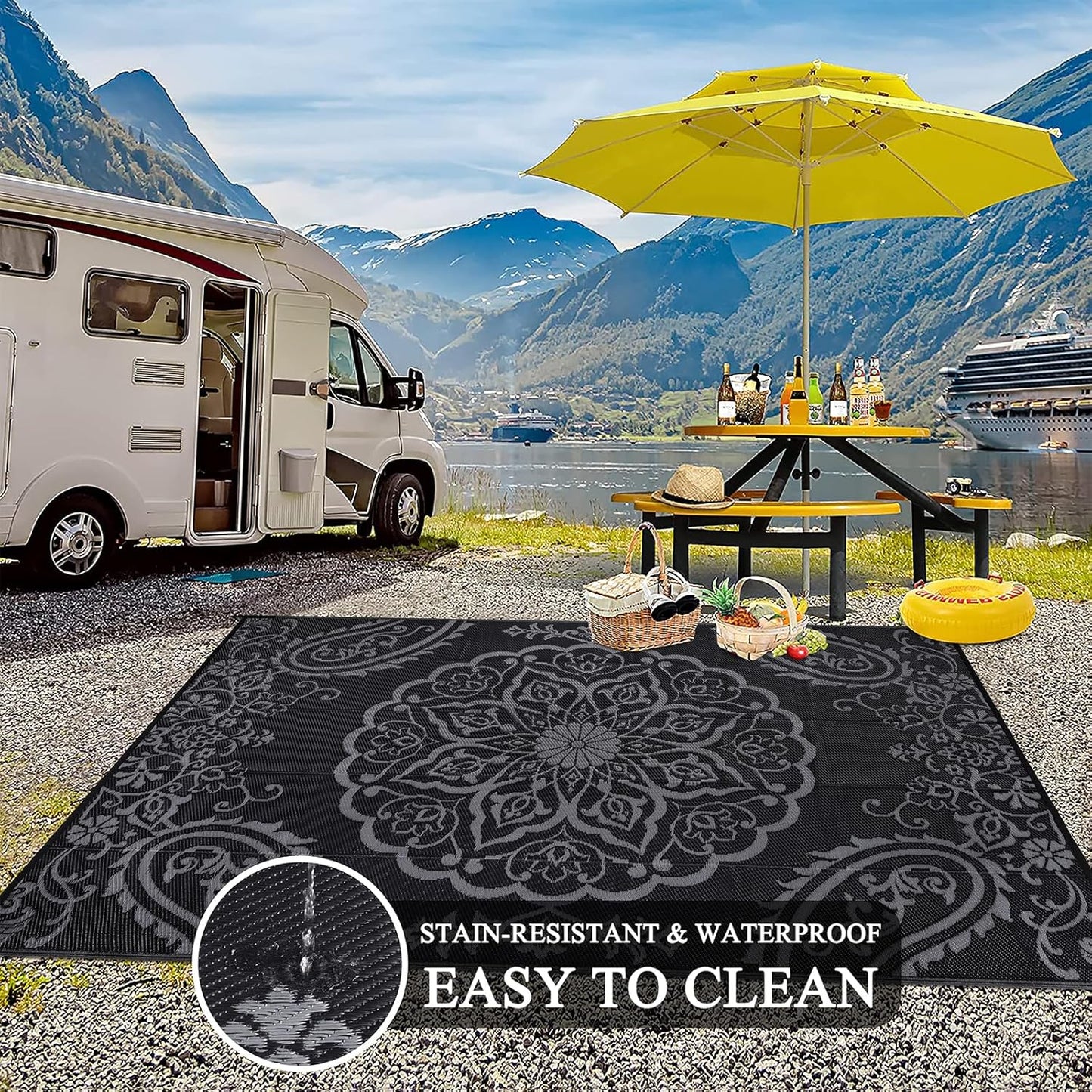 Pauwer Waterproof Outdoor Rug 8x10, Reversible Plastic Straw Patio Camping Rug, Indoor Outdoor RV Mat Carpet for Deck, Camper, Porch, Balcony, Backyard, Picnic, Boho Black Grey
