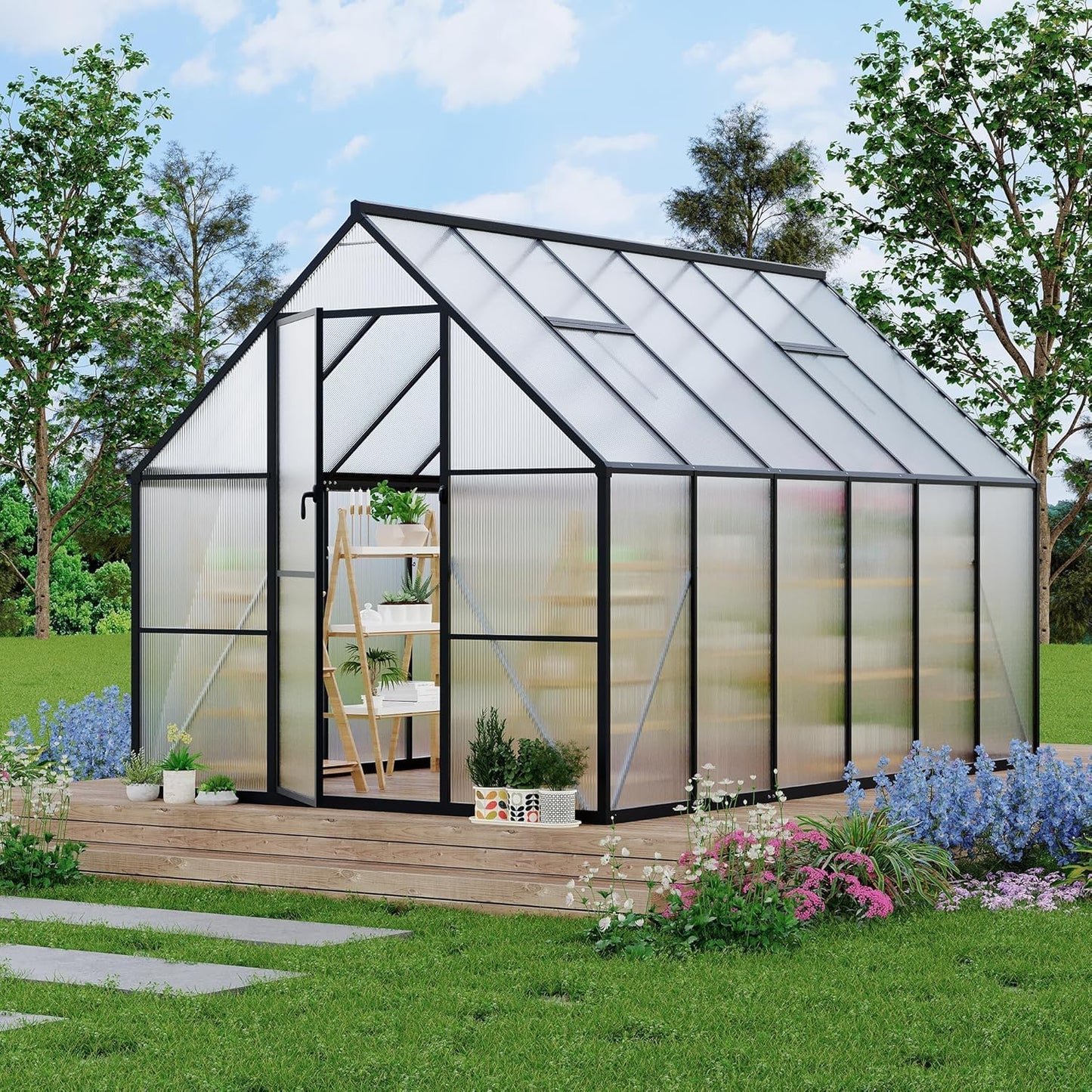 Greenhouse 8x12 FT Aluminum-Framed Heavy Duty Polycarbonate with Quick Setup Structure and Roof Vent, Large Enhanced Outdoors Green House Kit