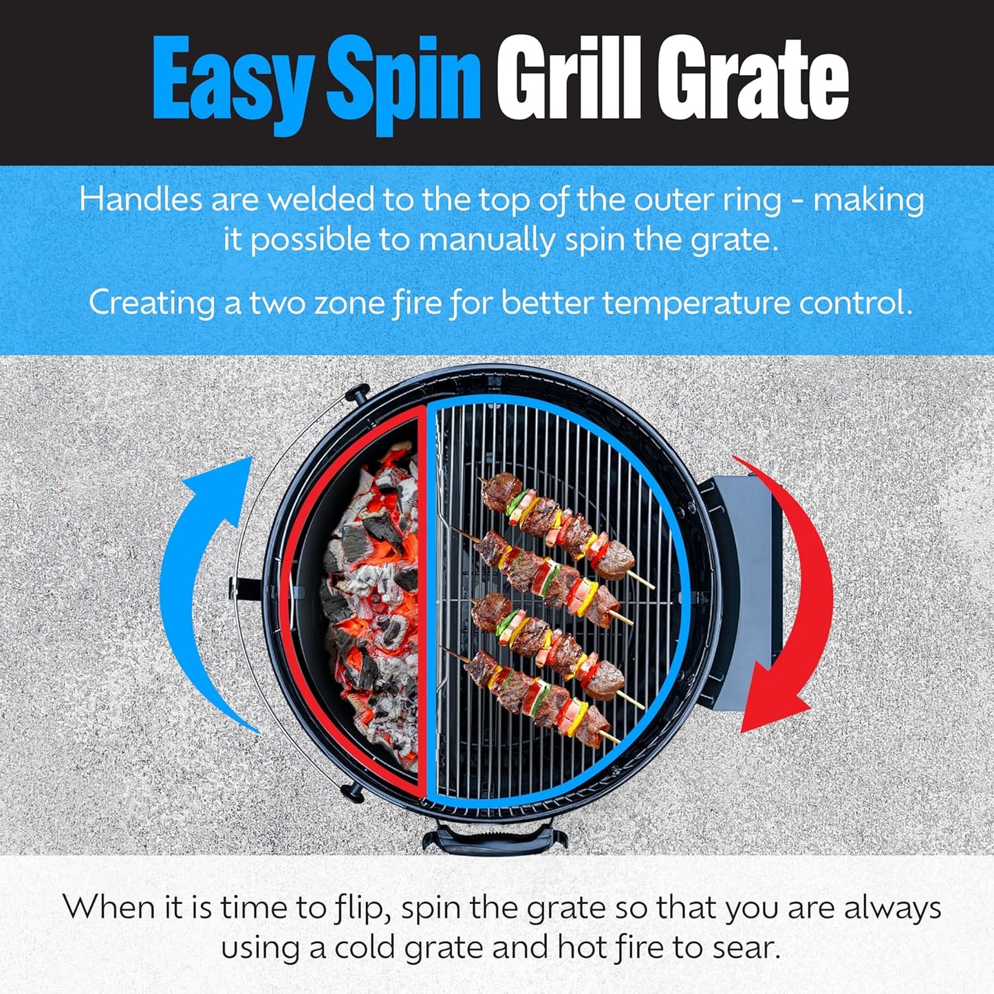 SnS Grills EasySpin Charcoal Grill Cooking Grate, 304 Stainless Steel, Large Hinged Opening, Perfect for 2-Zone Cooking, Replacement Grate Compatible with Weber & Other Grills - Fits 22” Kettles