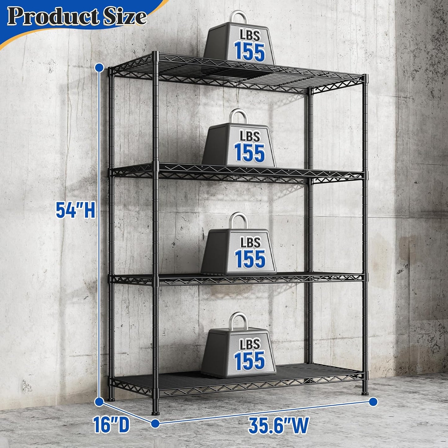 4- Shelf Metal Shelving Unit Adjustable Storage Shelves Heavy Duty Garage Shelving Steel Wire Shelving for Laundry Bathroom Kitchen Pantry Closet Garage Black, 35.6Wx16Dx54H