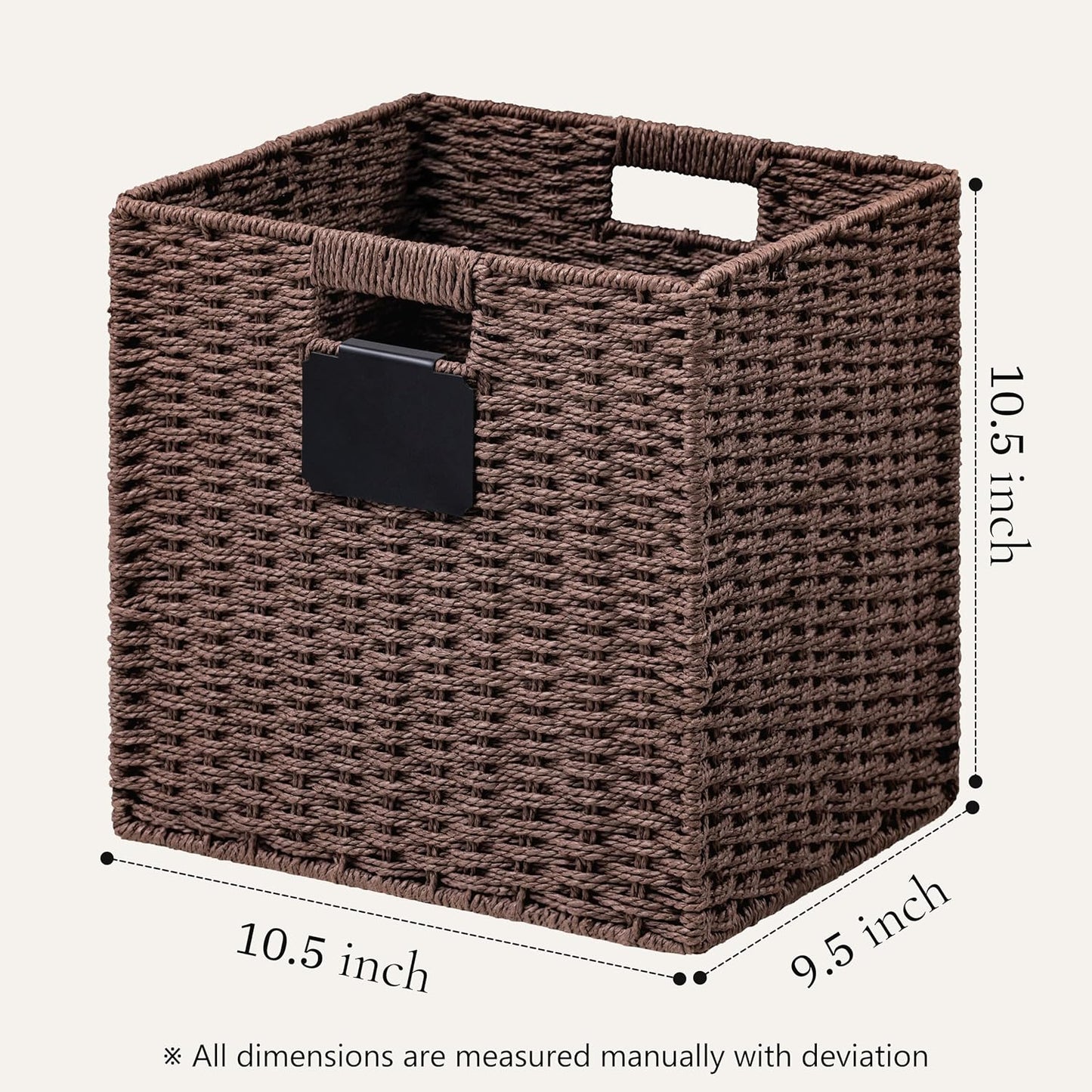 UBBCARE 2 Pack Wicker Basket, 10.5×10.5 Storage Cubes with Label, Foldable Cube Storage Bin with Handle, Square Storage Basket for Shelves, Woven Paper Rope Basket for Organizing, Brown