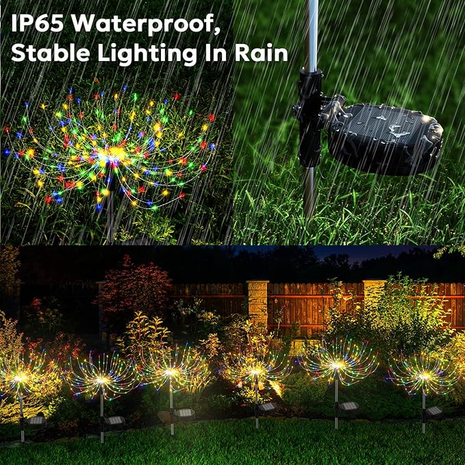 Colorful Solar Garden Lights Outdoor Waterproof Firework Light Solar Powered 200 LED Sparkles Landscape Fairy Light Outside Decorations for Yard Patio Pathway Lawn Party Decor, 6 Pack