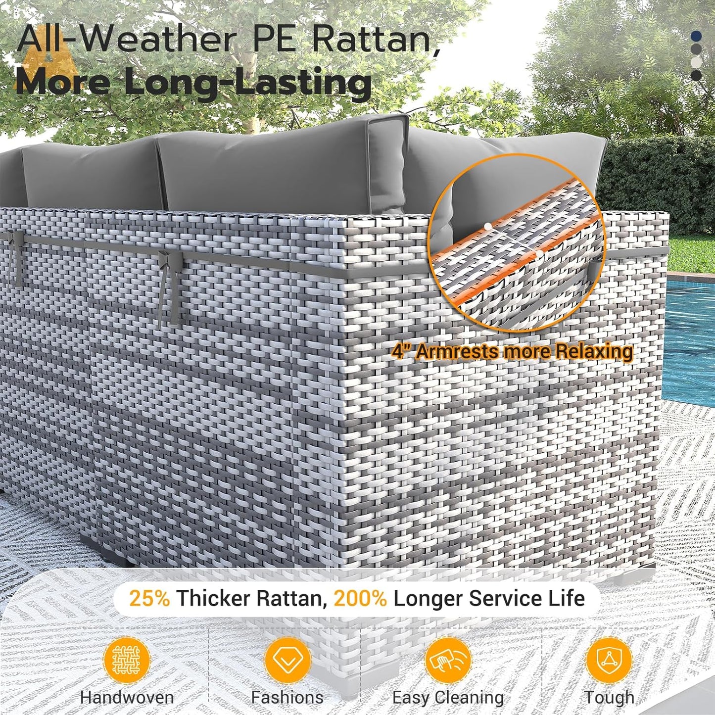 UDPATIO Patio Furniture Set, 7 Piece Outdoor Sectional Modular Sofa with 4'' Thickened Cushions, Wicker Outdoor Furniture Conversation Sets with Waterproof Cover for Backyard Deck(Grey/Dark Grey)