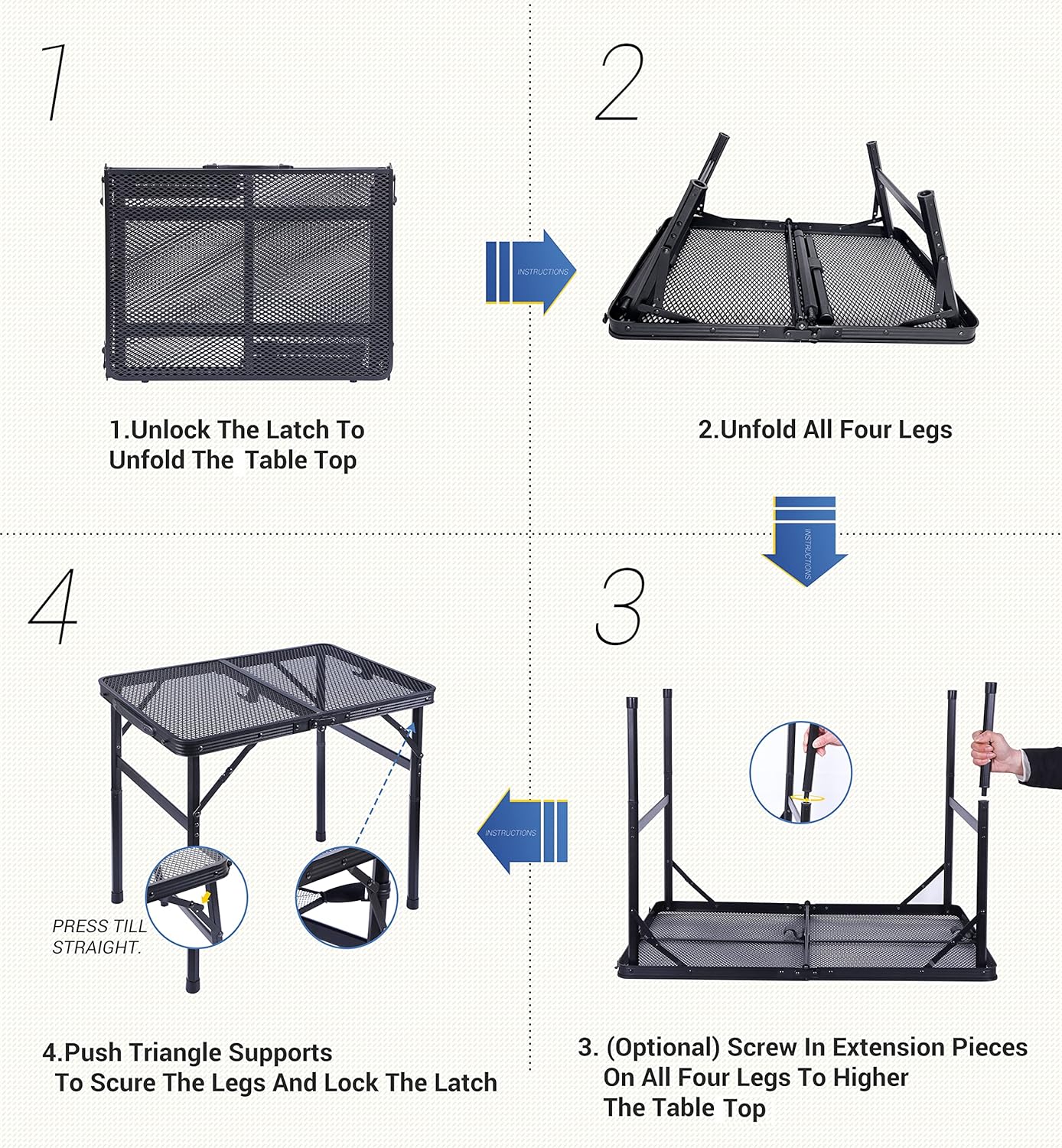Nice C Table for Grill, Outdoor Table, Camping Table, Outdoor Cooking Table, Picnic Tables, Card Table Adjustable Height, Mesh Bag, Carry Handle (47.3” x 23.7“ x 14.7”/24.2“ Black)