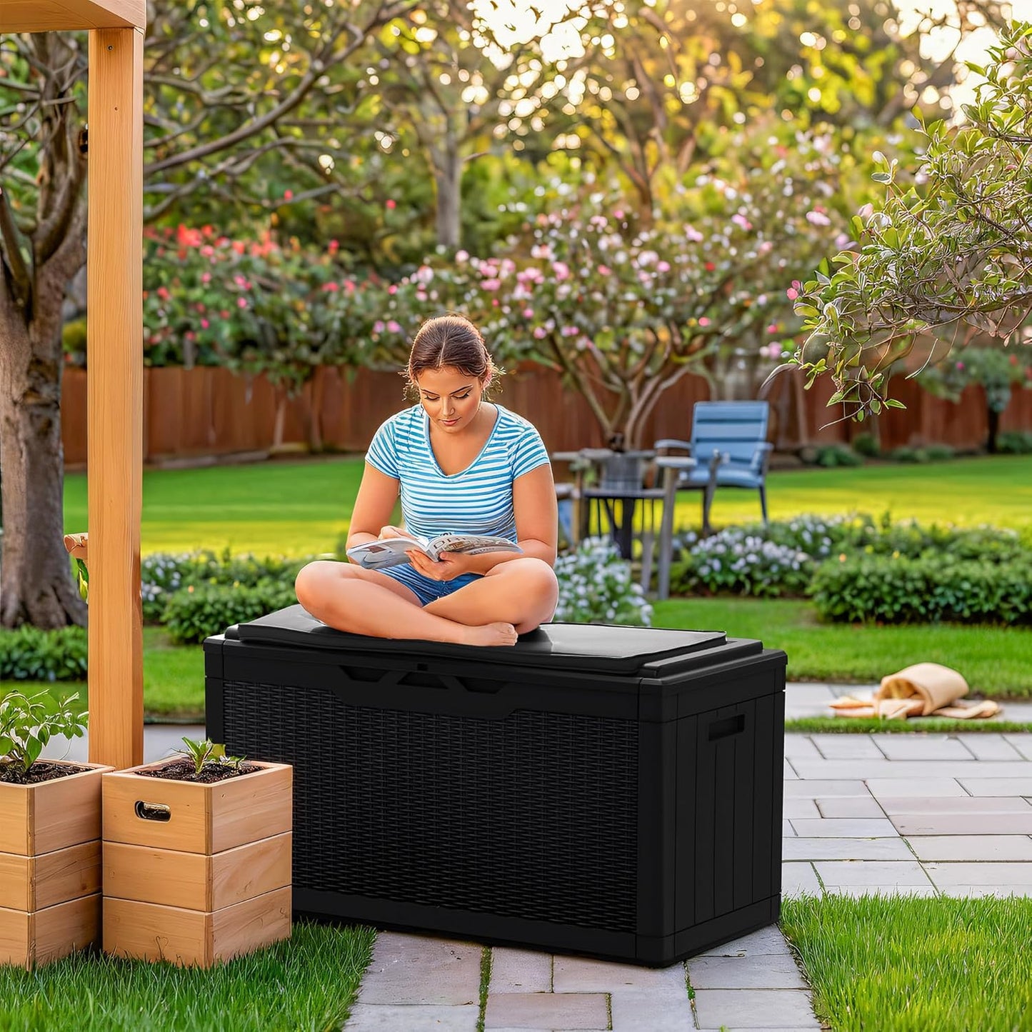 Greesum 100 Gallon Resin Deck Box Large Outdoor Storage Boxes with Cushions for Garden Tools, Patio Furniture Pillows, Pool Supplies, Black