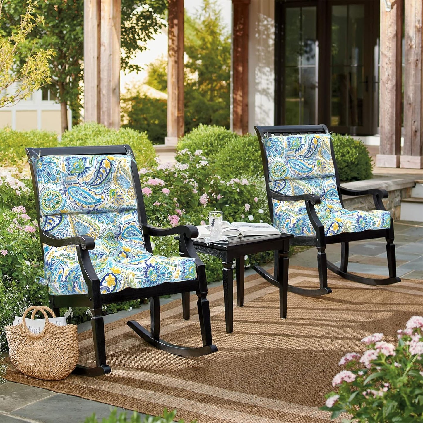 LVTXIII 2 Pack Outdoor/Indoor High Back Chair Cushions, Deep Seat Patio Seat and Back Cushion Set, Stuffed High Rebound Foam Rocking Chair Cushions, 44”x22”x4”, Paisley Blue