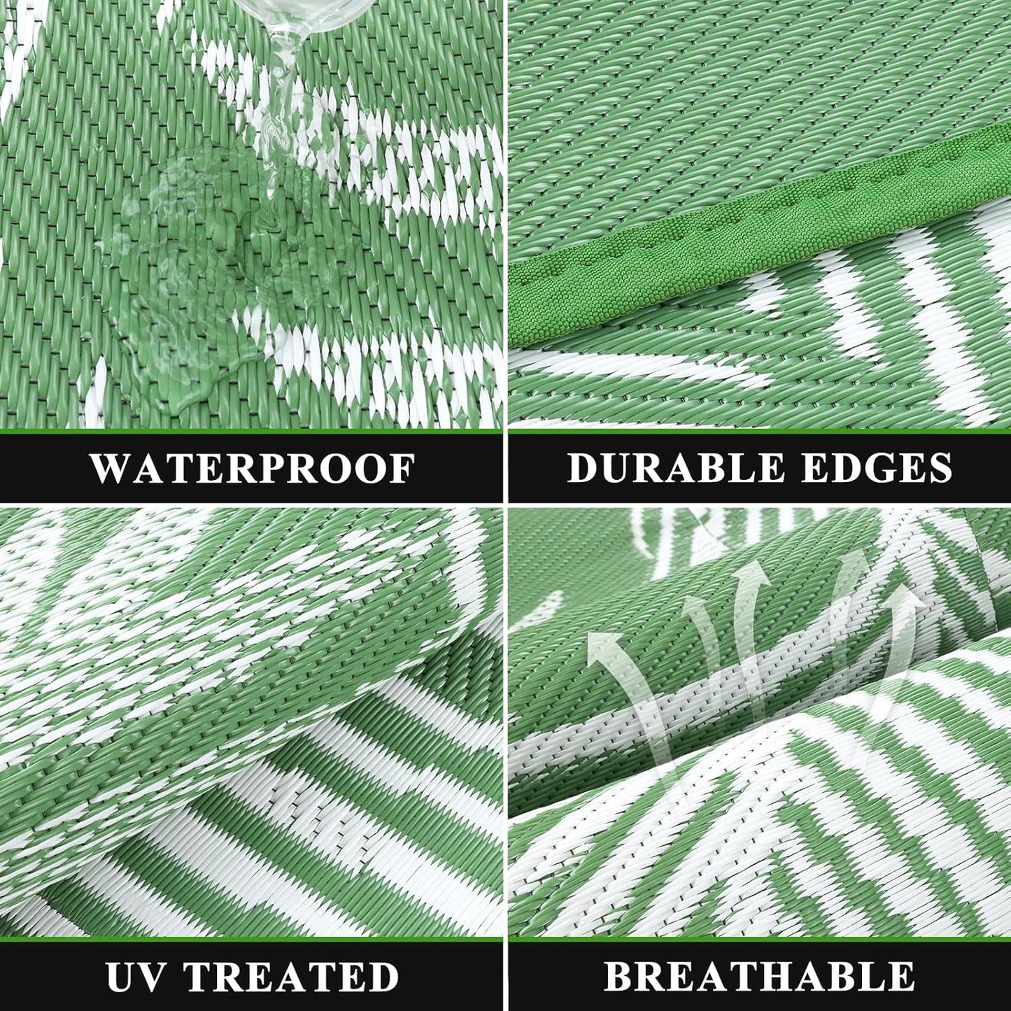 Pauwer Waterproof Outdoor Rug 8x10, Reversible Plastic Straw Patio Camping Rug, Indoor Outdoor RV Mat Carpet for Deck, Camper, Porch, Balcony, Backyard, Picnic, Leaf Green