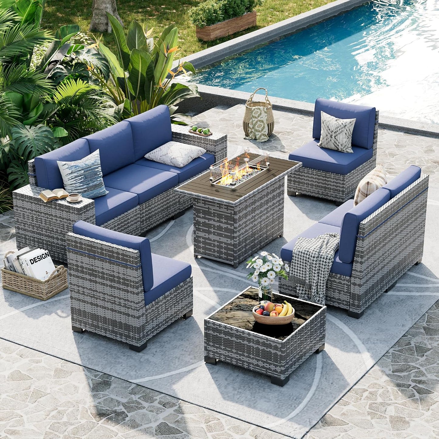 UDPATIO Patio Furniture Set with Fire Pit Table, 8 Inch Armrest Outdoor Sectional Sofa, 9 Piece Wicker Outdoor Furniture Conversation Sets with Waterproof Cover for Backyard Deck(Grey/Navy Blue)
