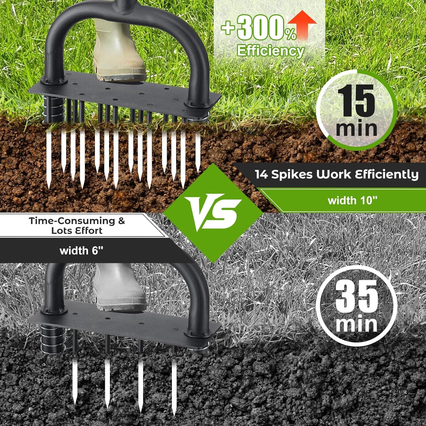 Aerator Lawn Tool: Sharp 14 Iron Spikes, Automatic Dirt Leaf Cleaning, Manual Lawn Aerators with Ergonomic T-Handle for Lawn Yard Garden Patio Soil Loosening Grass Aerating