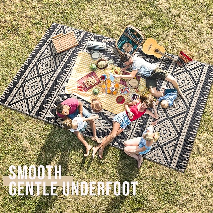 OLANLY Outdoor Rug Waterproof 4x6 ft, Reversible Outdoor Plastic Straw Rug, Boho Patio Rug, Indoor Outdoor Carpet, RV Mat Outside for Patio, Camp, Picnic, Balcony, Deck, Backyard, Black & Beige