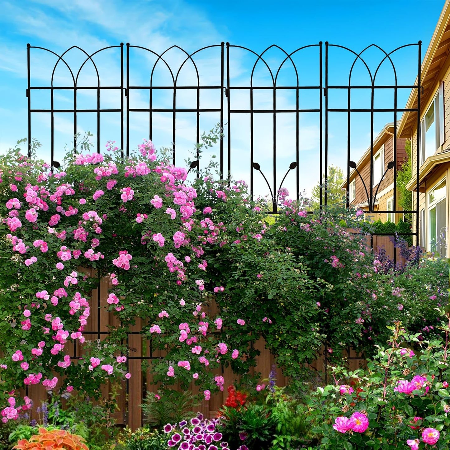 4 Pack Metal Garden Trellis 71" Black Fence Rustproof Garden Trellis for Climbing Plants Support Roses Flower Outdoor Lawn, Black