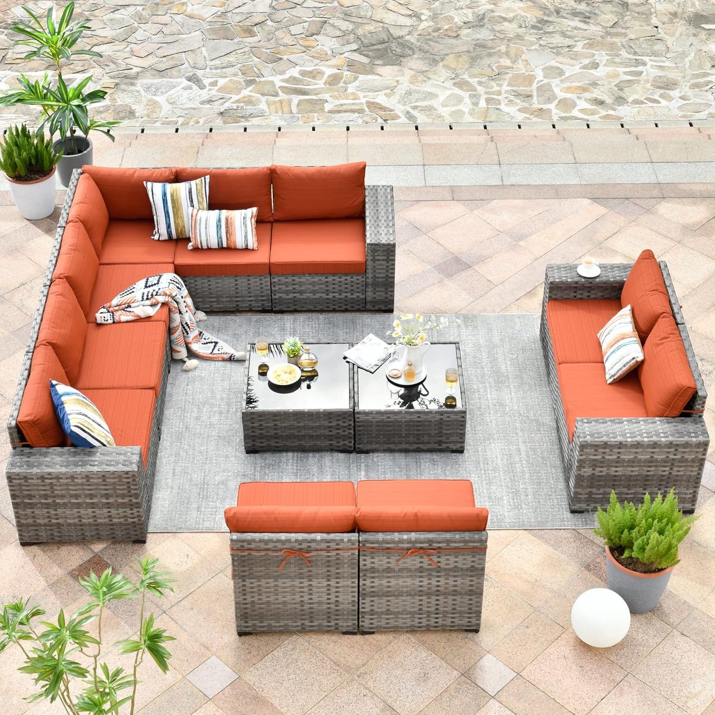 HOOOWOOO 12 Piece Modular Patio Outdoor Sectional Furniture Sofa Set,Wicker Conversation Set,Out Door Couch Set with Wide Arm for Outside All Weather(Orange Red)