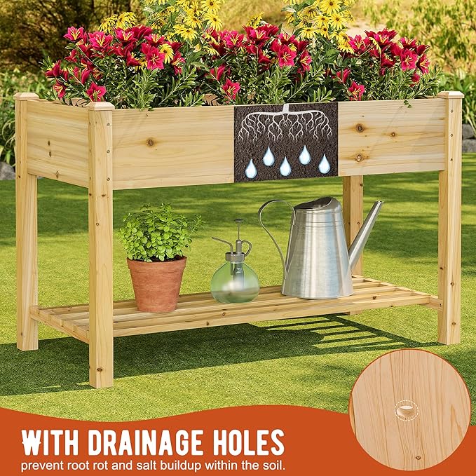 GHWIE Raised Garden Bed with Shelf,Elevated Wooden Planter Box with Legs,Garden Planter for Backyard, Patio, Balcony,200lb Capacity - Natural
