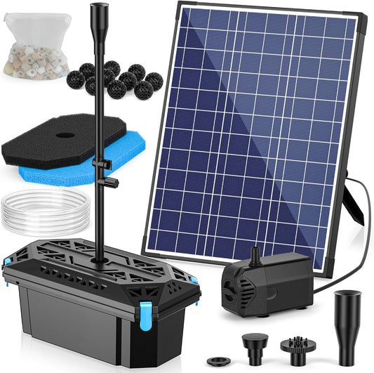 NFESOLAR Pond Filter Fountain, 20W Solar Filter Fountain with120 GPH Submersible Pump, 16.4ft Long Cable, 6.6ft Tubing for Outdoor Koi Pond, Fish Tank and Garden Water Features N3322