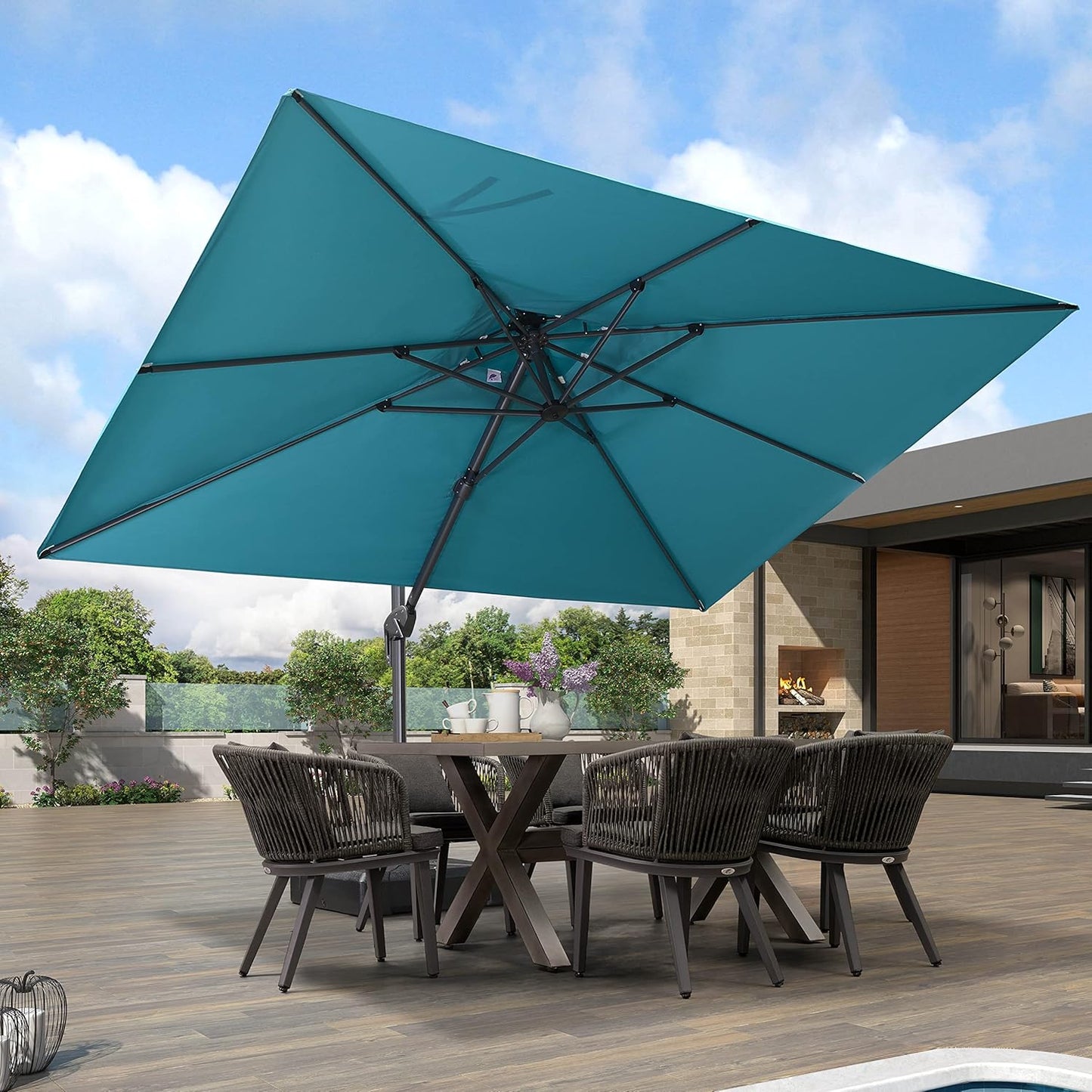 PURPLE LEAF 9' X 12' Cantilever Outdoor Umbrellas Large Patio Umbrella Hanging Double Top Rectangle Offset Umbrella with 360°Rotation Tilting Umbrella Outdoor Patio, Turquoise Blue