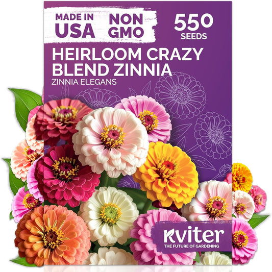 KVITER 550 Crazy Blend Zinnia Seeds for 2025 (Zinnia Elegans) – Double Zinnia Seed Mix, Heirloom Pollinator Magnet – Ideal Flower Seeds for Planting in Cutting Garden, Borders, Containers