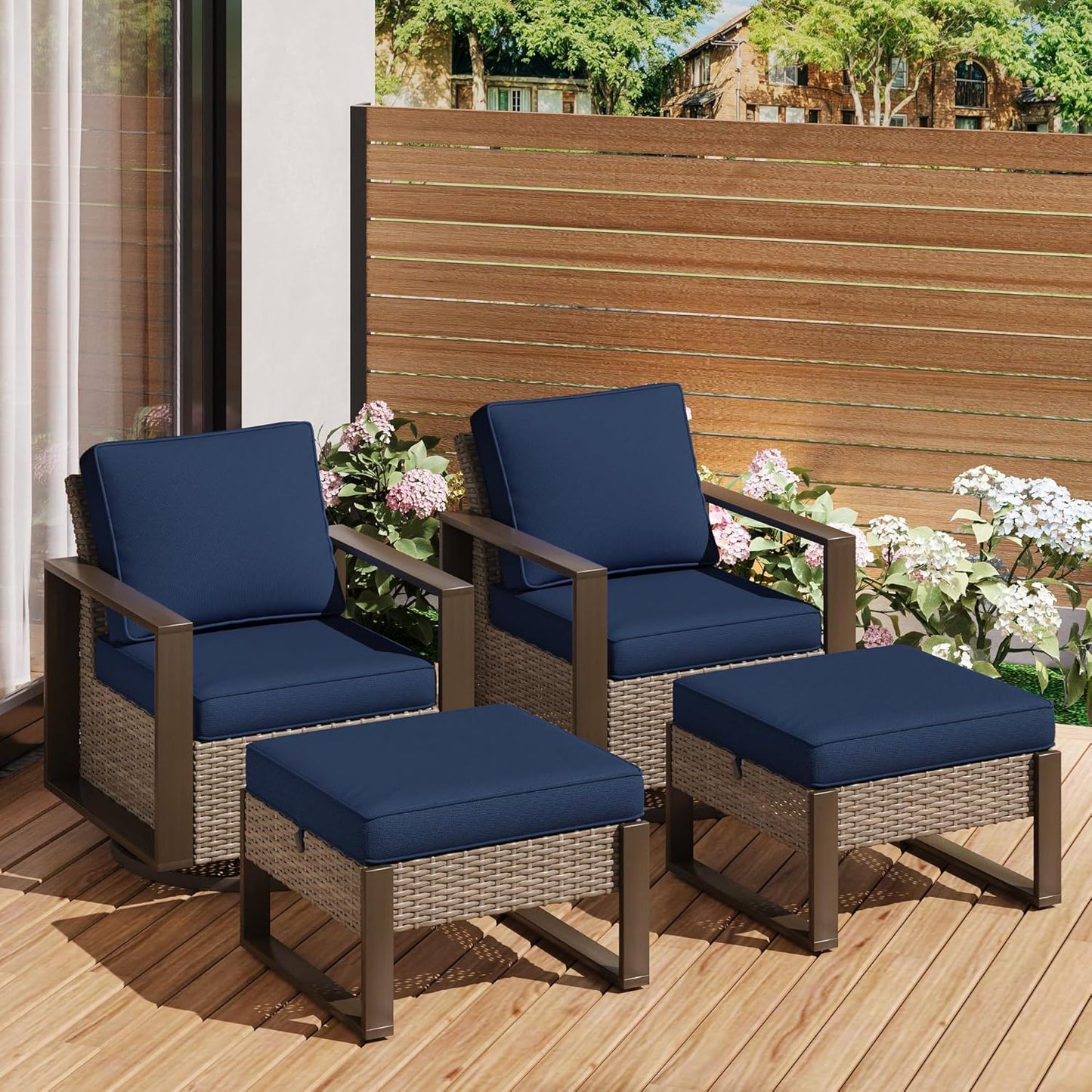 Outdoor Wicker Metal Chairs Set of 2 with Two Ottomans, 360 Degree Glider Rockers Armchairs, 4 Pieces Patio Bistro Set with Wood-Looking Metal Armrest for Poolside, Terrace, Dark Blue