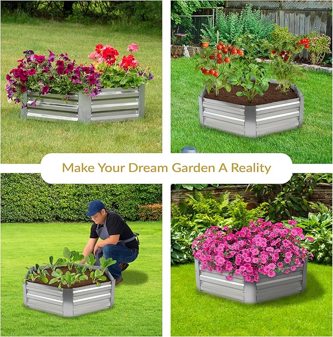 Sunnydaze Galvanized Raised Garden Bed - Metal Raised Bed for Gardening - Outdoor Planter Box for Flowers, Plants, and Vegetables - Gray - 12.25" Hexagon