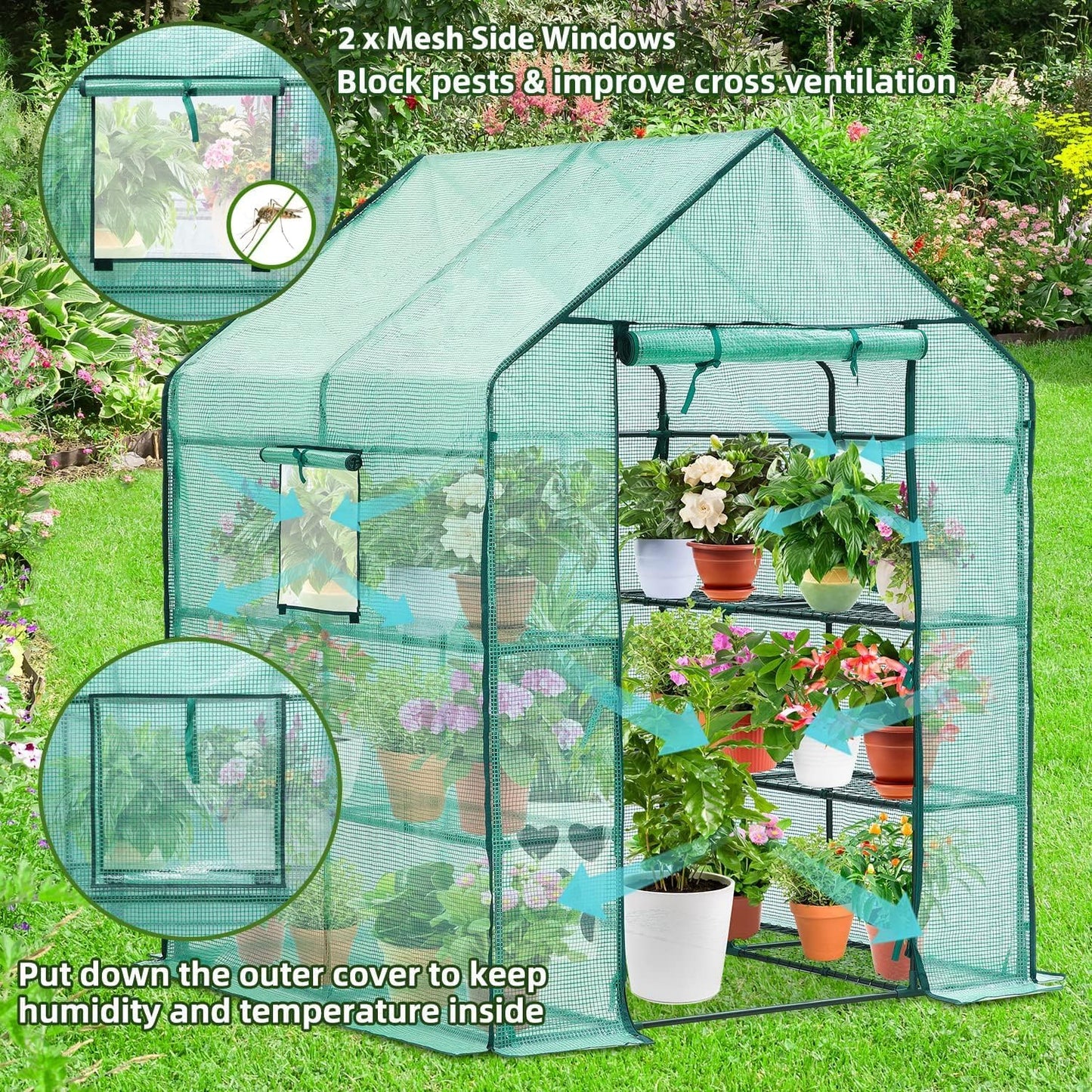 Ohuhu Greenhouse for Outdoors with Screen Windows, 57 x 57 x 76'' Walk in Plant Greenhouses Heavy Duty with Durable PE Cover, 3 Tiers 12 Shelves Stands Plastic Portable Green House with Shelf Clips