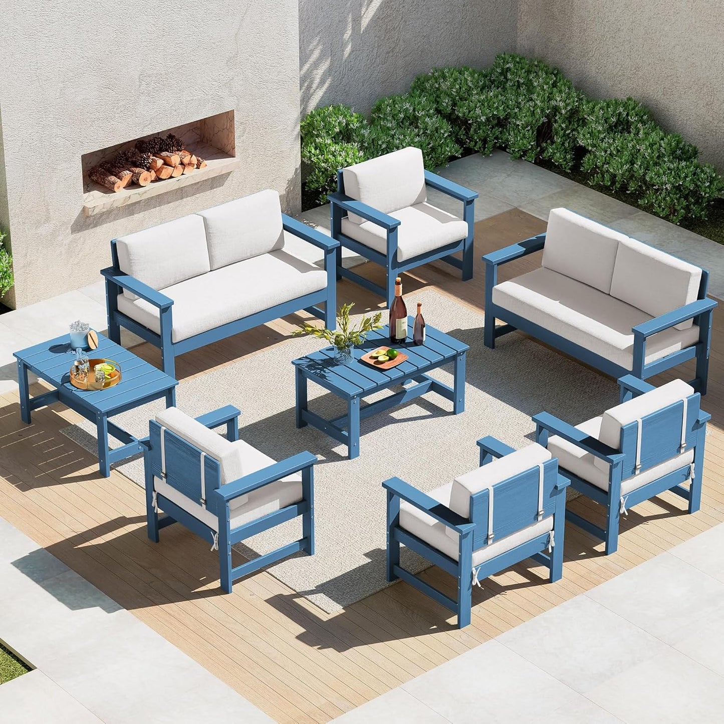SERWALL 8 Pieces HDPE Outdoor Conversation Sofa Set with Cushions, All Weather Use Couch Loveseat Furniture with Side Table for Balcony, Deck, Poolside, BlueFrame with Khaki Cushions