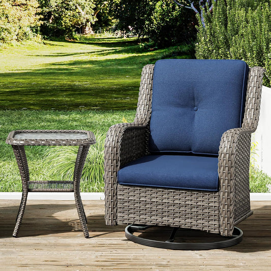 Joyside Outdoor Swivel Rocker Patio Chair and Matching Side Table - 2-Piece Wicker Patio Bistro Set with Premium Fabric Cushions (Brown Mixed with Grey/Blue)