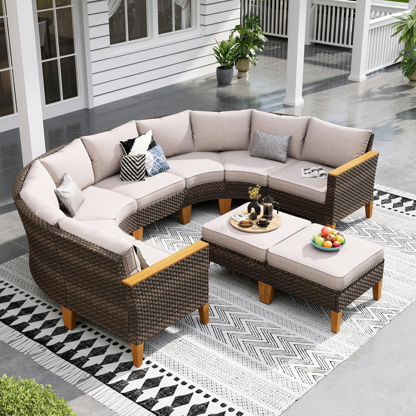 Sophia & William Half-Moon Outdoor Patio Furniture Set 9 Piece Large & High Back Wicker Rattan Patio Sectional Furniture Sofa Set Fan-Shaped Conversation Set with Ottomans & 4" Thick Cushions, Beige