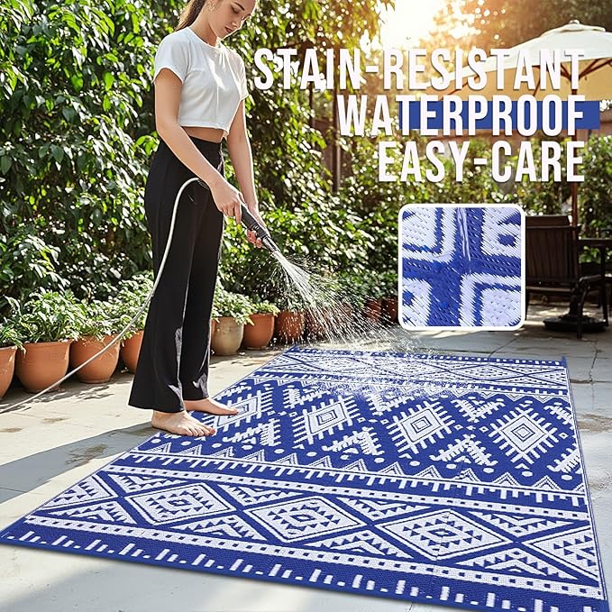 OLANLY Outdoor Rug Waterproof 8x10 ft, Reversible Outdoor Plastic Straw Rug, Boho Patio Rug, Indoor Outdoor Carpet, RV Mat Outside for Patio, Camp, Picnic, Balcony, Deck, Backyard, Blue & White